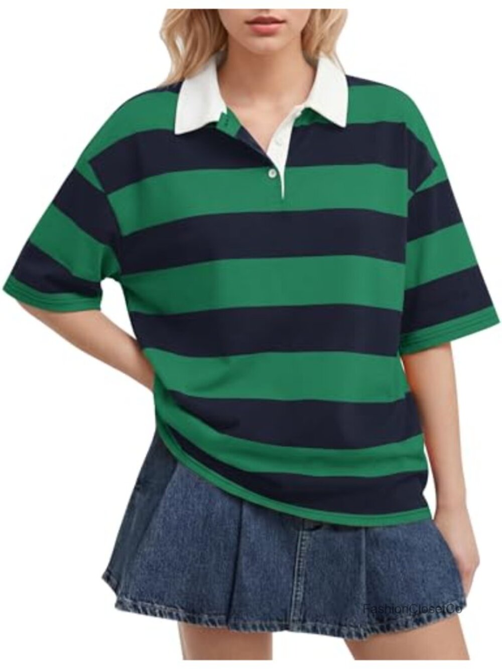 Womens Striped Rugby Shirt Lapel V Neck Polo Oversized Short Sleeve Tee Y2K